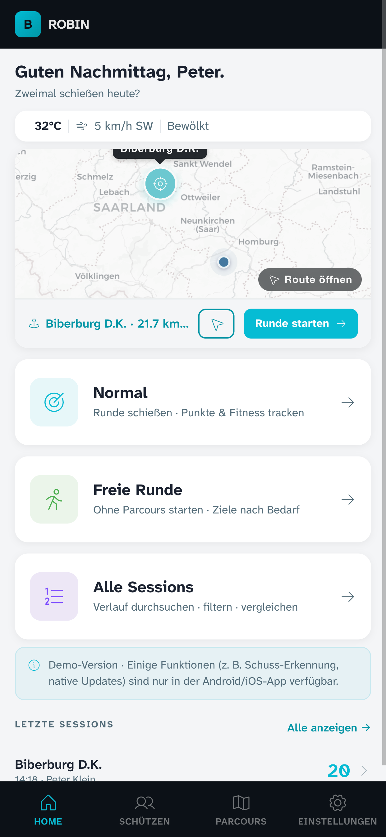 robin App – Startbildschirm mit Karte und Parcours-Auswahl